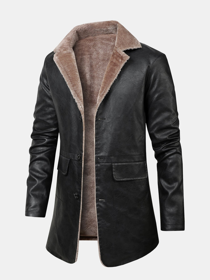 Faux Fur Lined Long Line PU Leather Coat