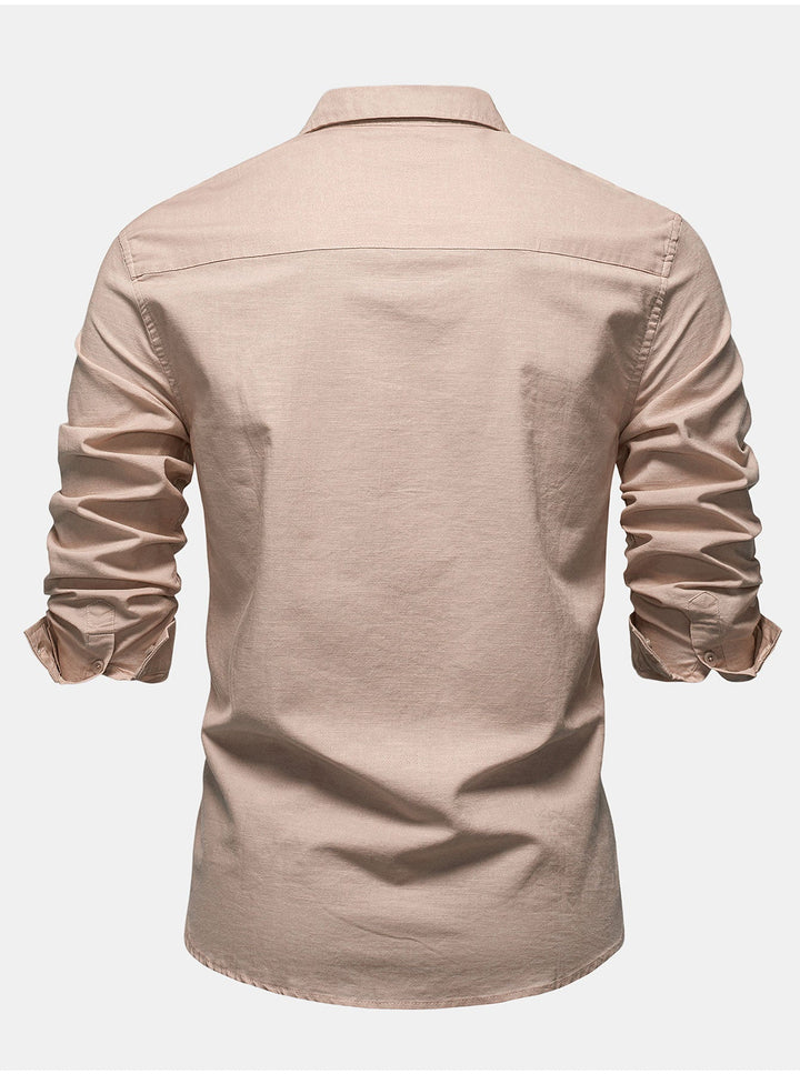Long Sleeve Linen Cotton Blend Shirt With Pocket