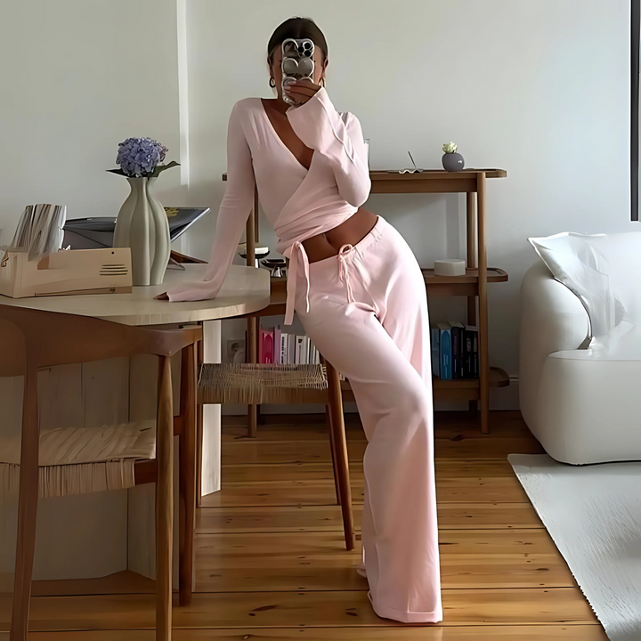 LETISA™ - Chic V-Neck Long Sleeve Top and Pants Set