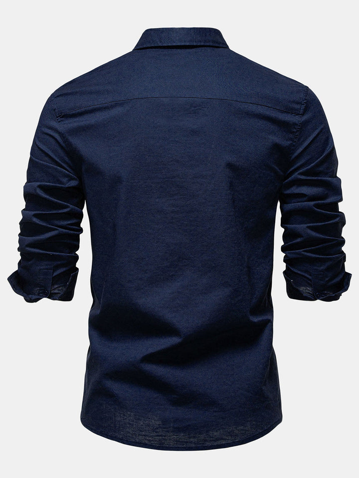 Long Sleeve Linen Cotton Blend Shirt With Pocket