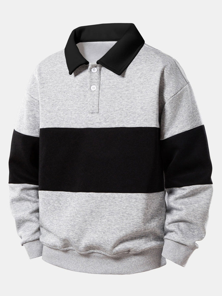 Relax Fit Color Block Polo Collar Sweatshirt