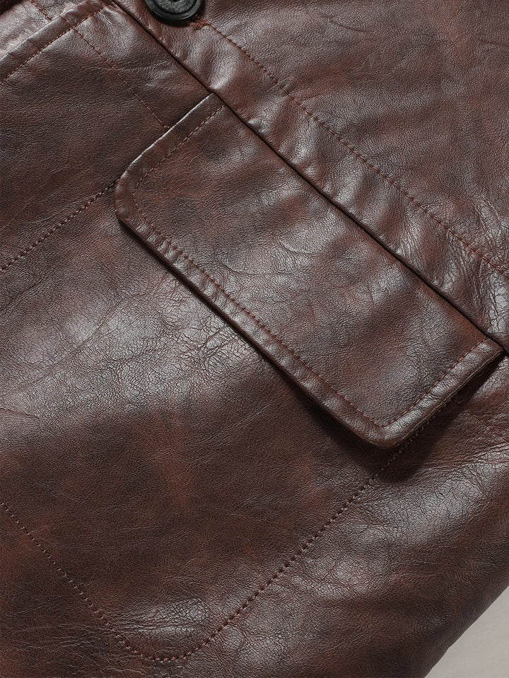 Faux Fur Lined Long Line PU Leather Coat