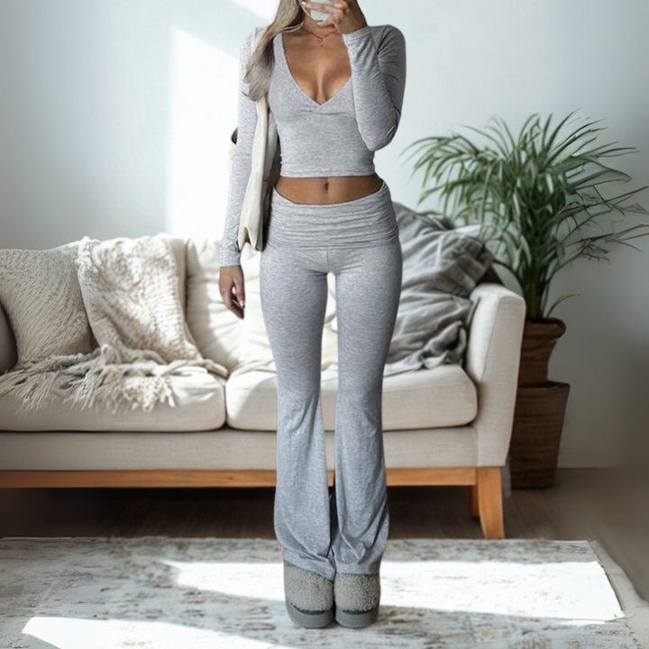 SINA™ - Casual V-Neck Long Sleeve Crop Top and Pants Set