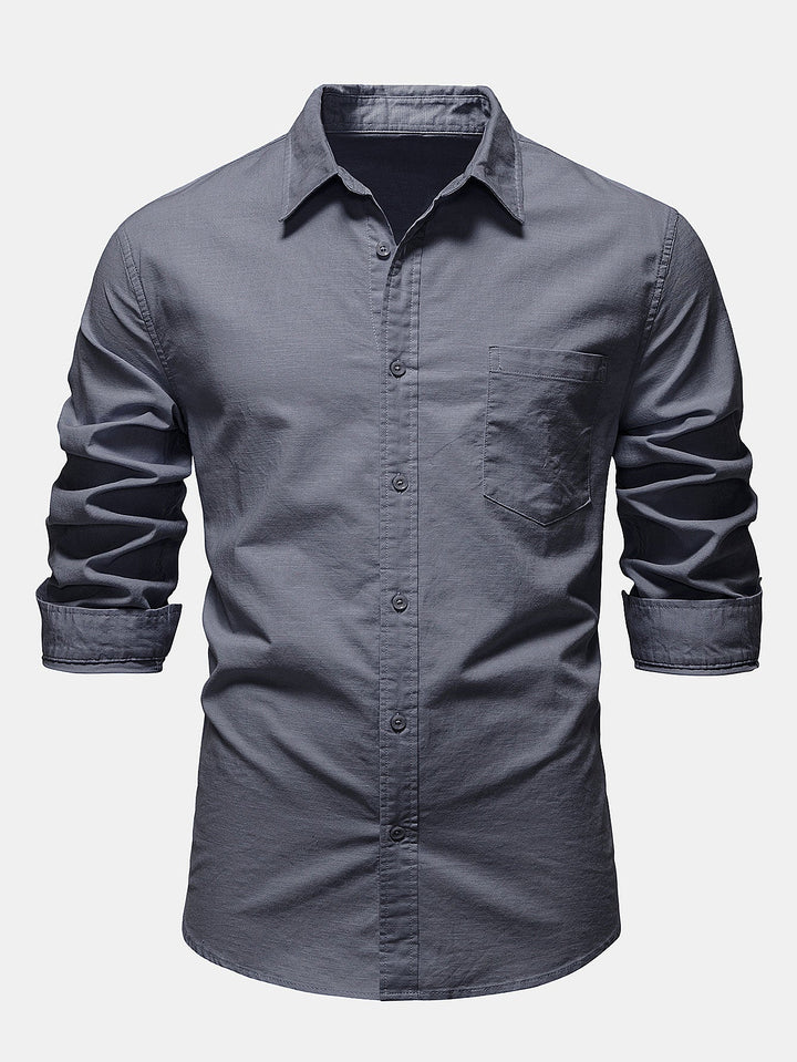 Long Sleeve Linen Cotton Blend Shirt With Pocket