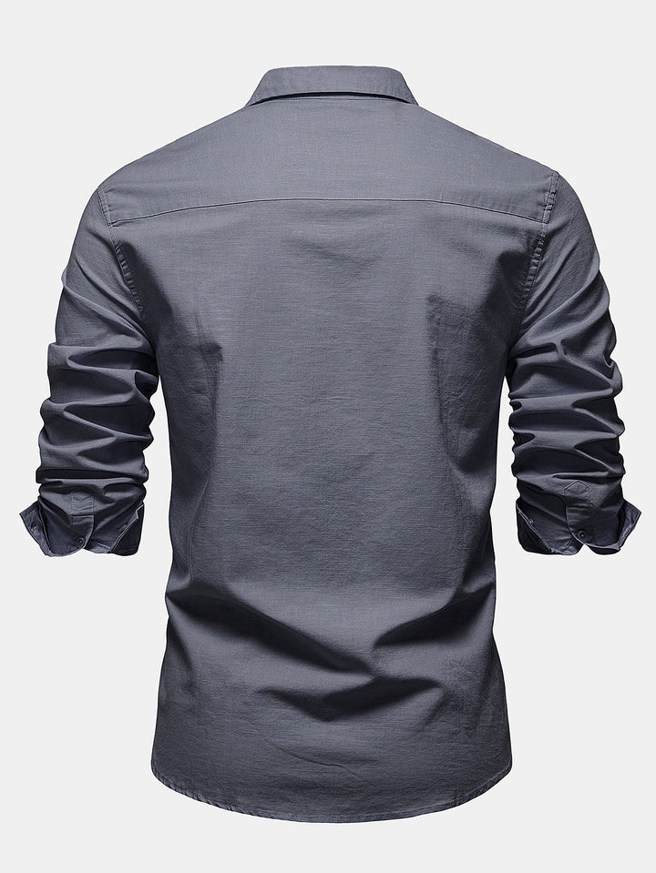 Long Sleeve Linen Cotton Blend Shirt With Pocket