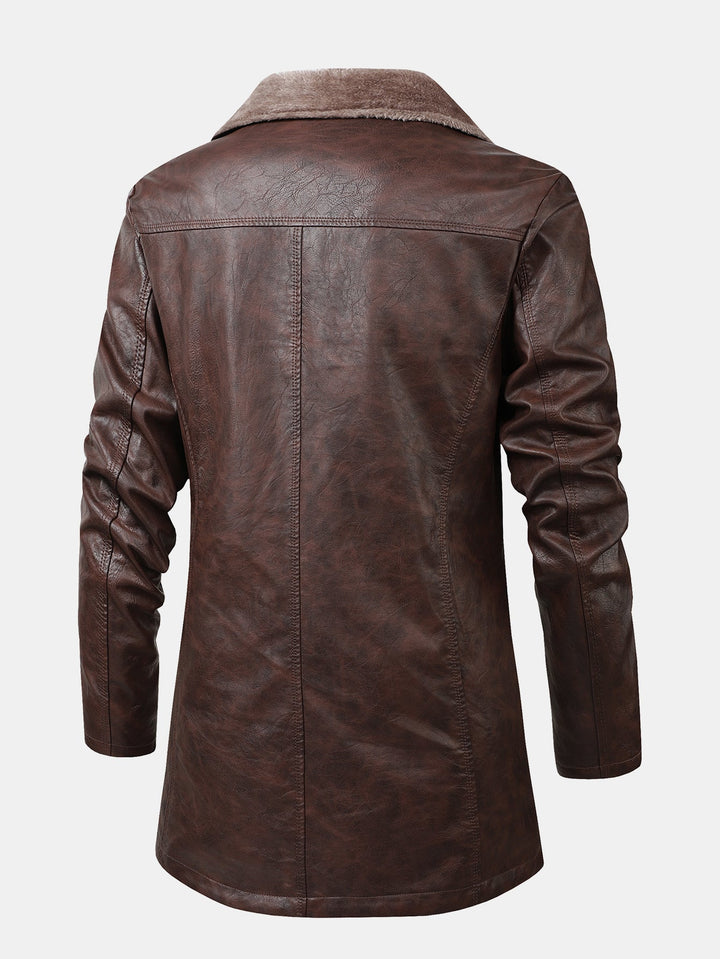 Faux Fur Lined Long Line PU Leather Coat