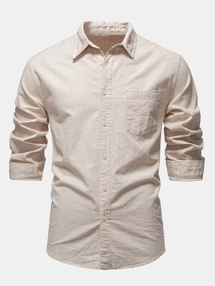 Long Sleeve Linen Cotton Blend Shirt With Pocket