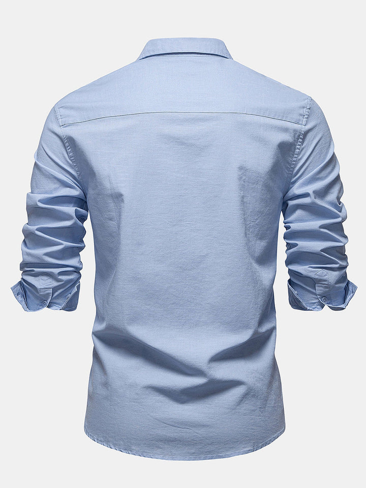 Long Sleeve Linen Cotton Blend Shirt With Pocket
