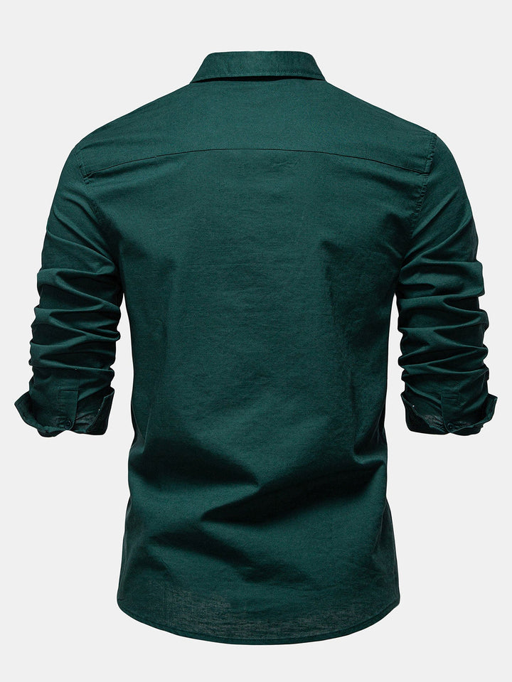 Long Sleeve Linen Cotton Blend Shirt With Pocket